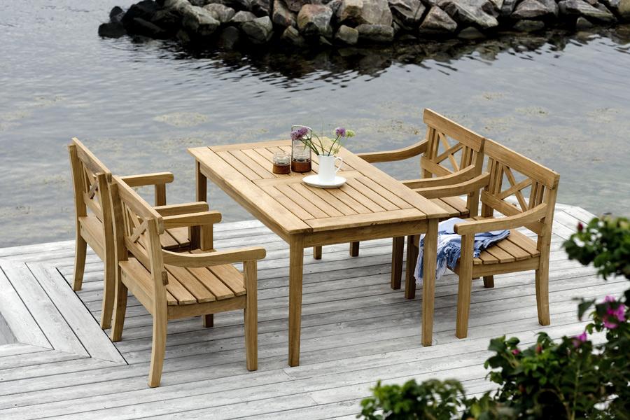 Drachmann Teak Chair by Skagerak, showing drachmann teak chairs with table & bench in live shot.