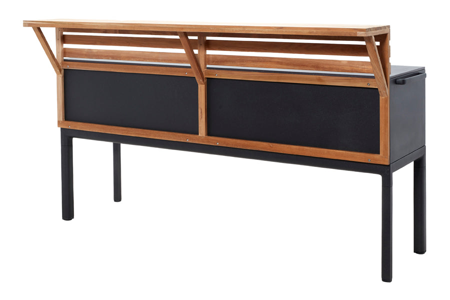 Drop Outdoor Kitchen Bar by Cane-Line, showing back angle view of drop outdoor kitchen bar in teak with module/lava grey aluminum.