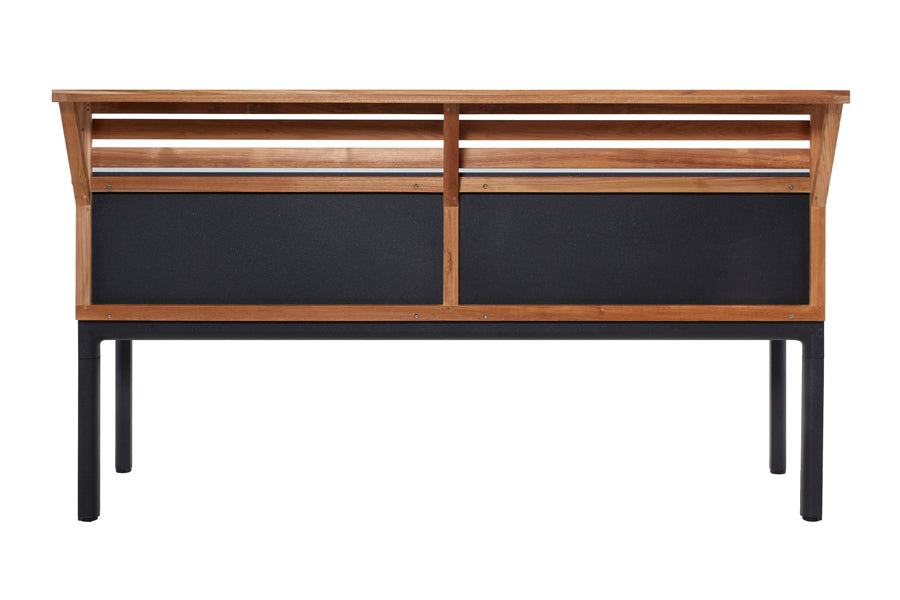 Drop Outdoor Kitchen Bar by Cane-Line, showing back view of drop outdoor kitchen bar in teak with module/lava grey aluminum.