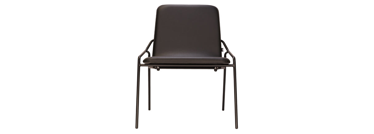 Dupont Easy Chair by B&T, showing front view of dupont easy chair in black bugatti eco-leather + black ral steel frame.