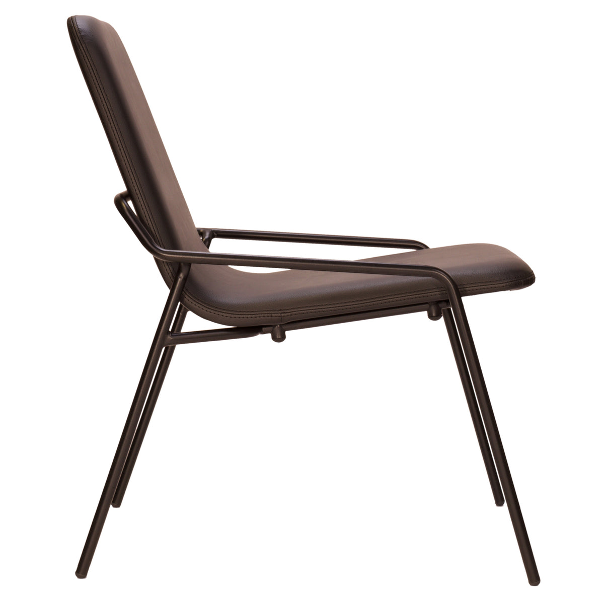 Dupont Easy Chair by B&T, showing side view of dupont easy chair in black bugatti eco-leather + black ral steel frame.