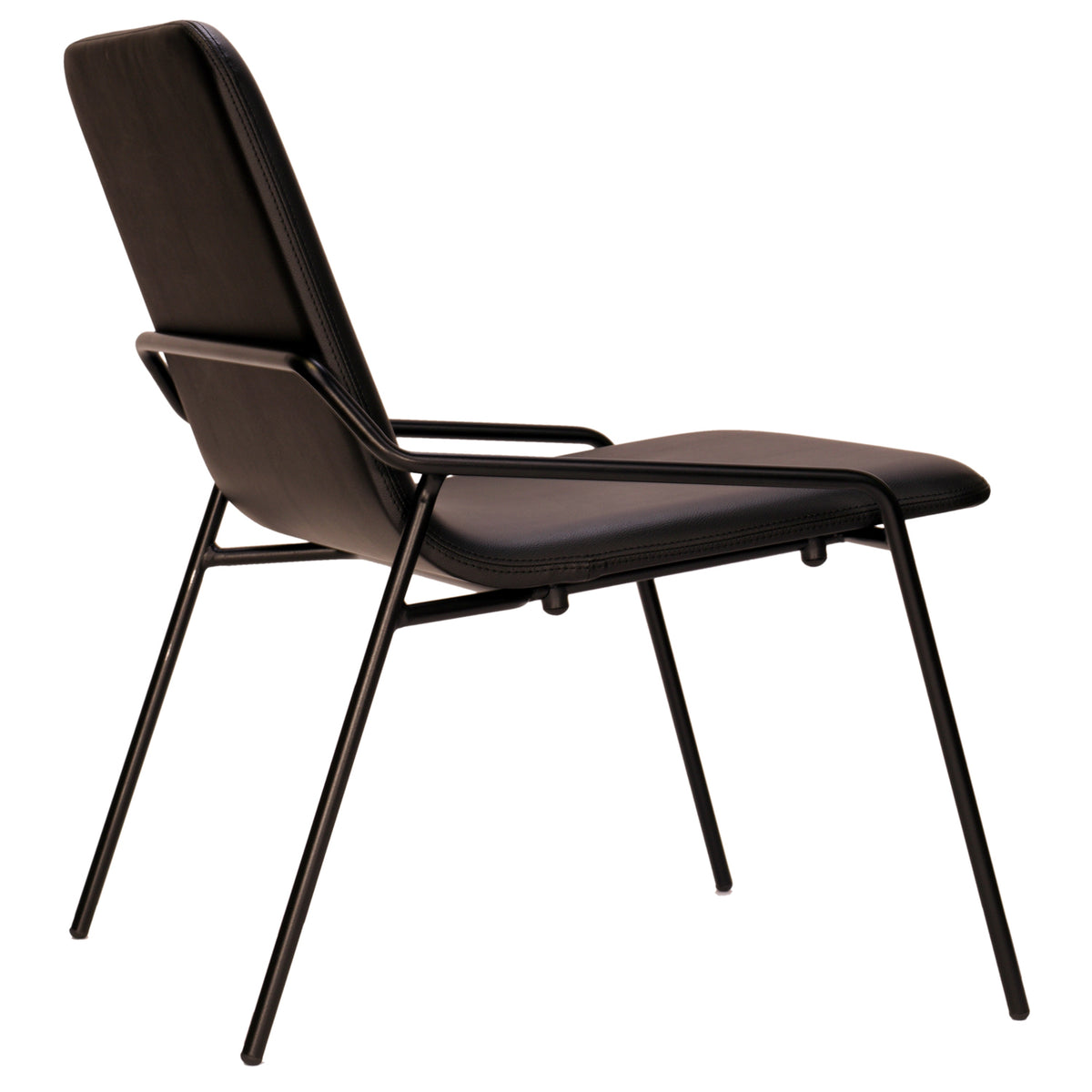 Dupont Easy Chair by B&T, showing back angle view of dupont easy chair in black bugatti eco-leather + black ral steel frame.