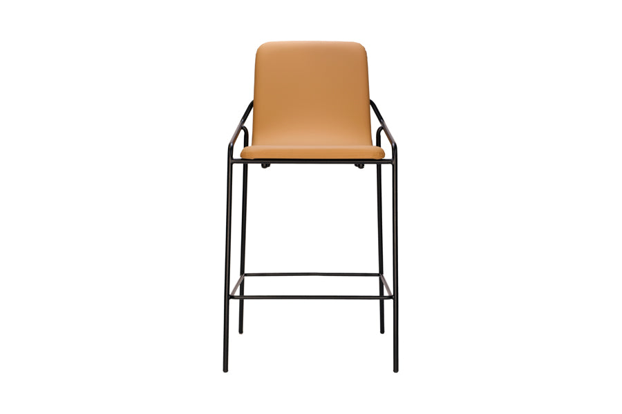 Dupont Stools by B&T, showing front view of dupont stools in camel new king eco-leather + black ral steel frame.