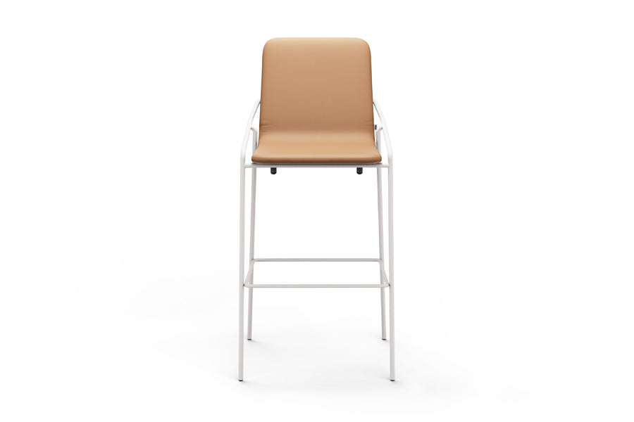 Dupont Stools by B&T, showing front view of dupont stools in camel new king eco-leather + white ral steel frame.