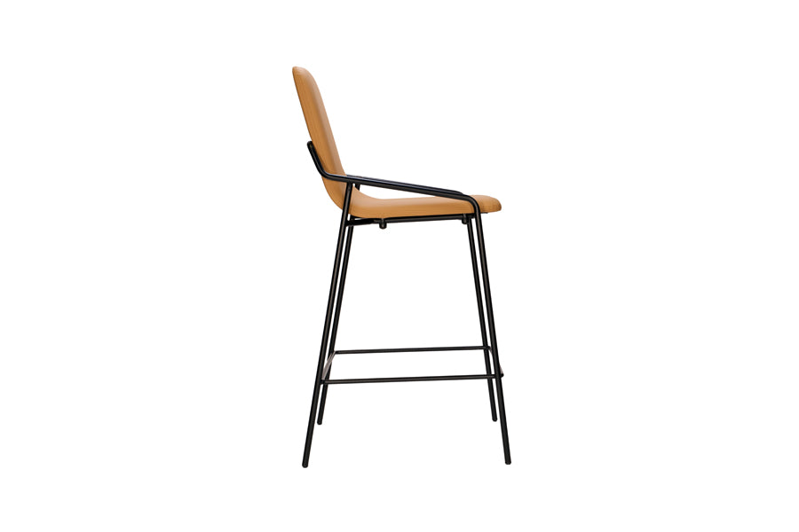 Dupont Stool by B&T, showing side view of dupont stools in camel new king eco-leather + black ral steel frame.