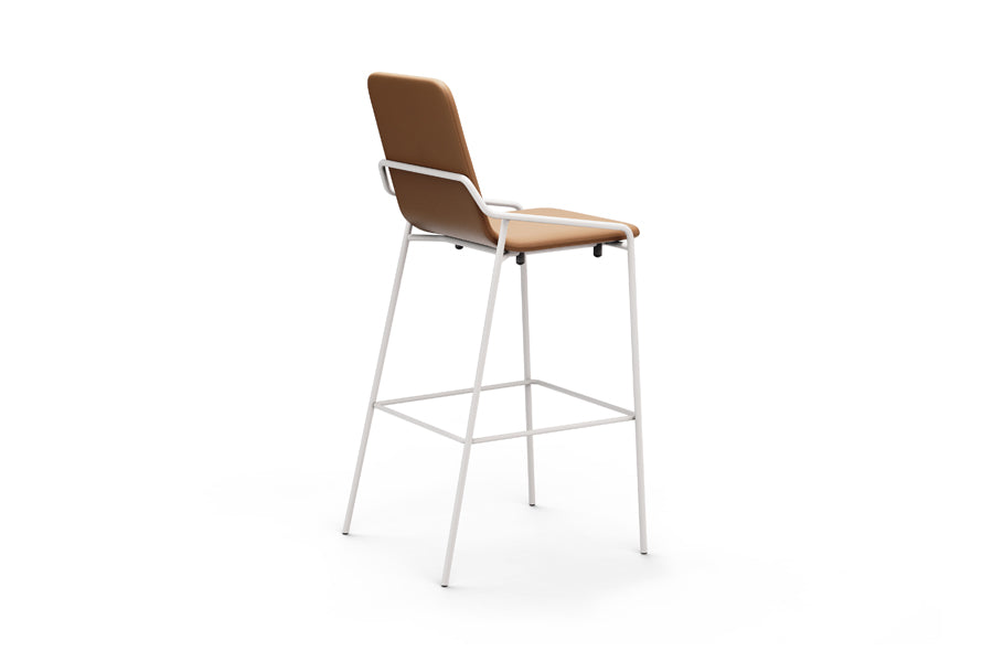 Dupont Stools by B&T, showing back view of dupont stools in camel new king eco-leather + black ral steel frame.