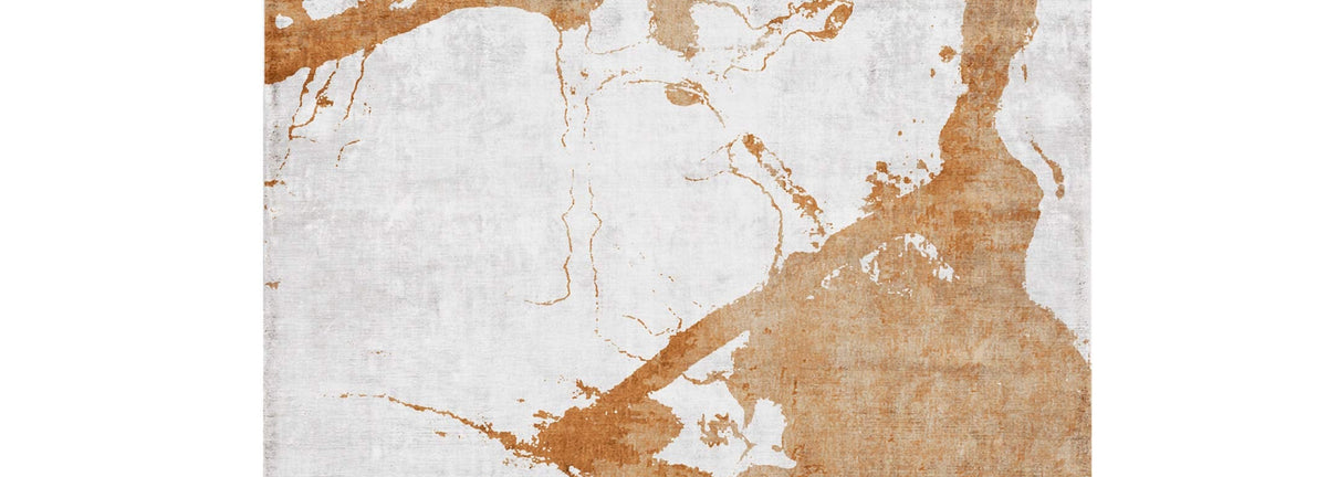 Eastern Side of Arenzano EA1702 Rug by Second Studio, showing closeup view of eastern side of arenzano ea1702 rug by second studio in bright grey and rusty orange.