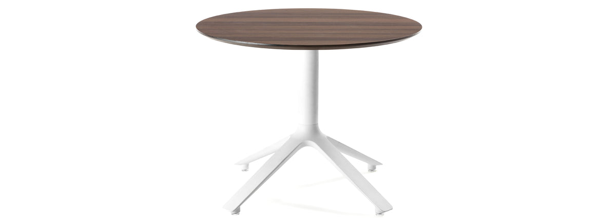 EEX Wood Cocktail Table by Toou, showing front view of eex wood cocktail table in round/white/walnut wood top.