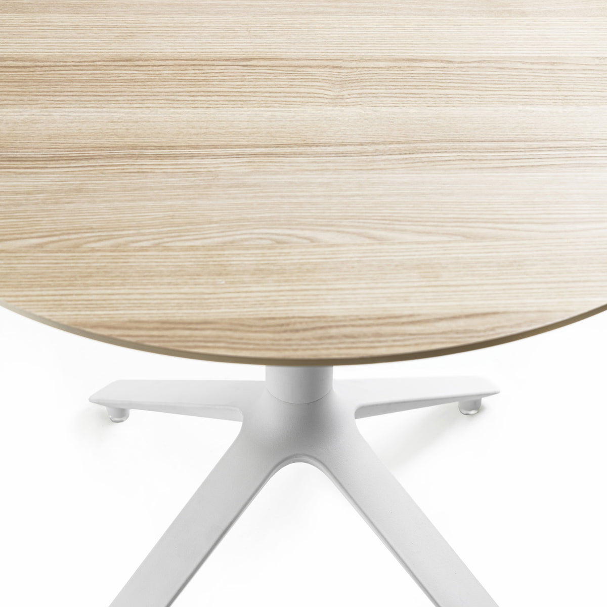 EEX Wood Cocktail Table by Toou, showing closeup view of eex wood cocktail table in round/white/natural wood top.