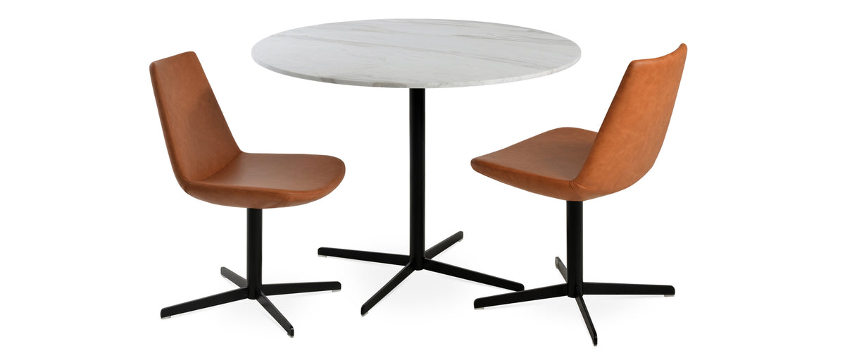 Eiffel 4 Star Swivel Chair by SohoConcept, showing two chairs in caramel ppm with black base and diana marble dining table.