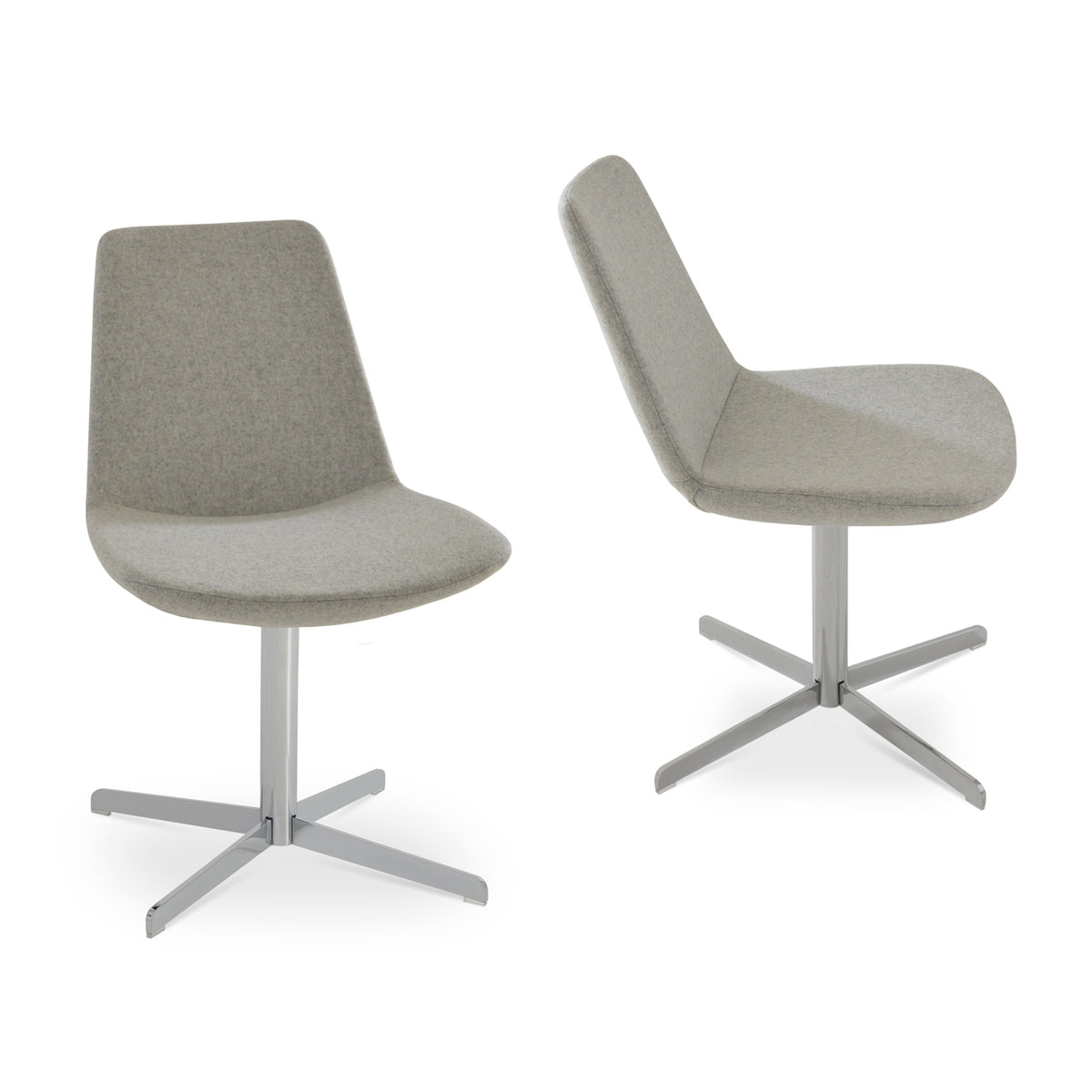 Eiffel 4 Star Swivel Chair by SohoConcept, showing different angle views of swivel chair in camira blazer silver wool with chrome finish base.
