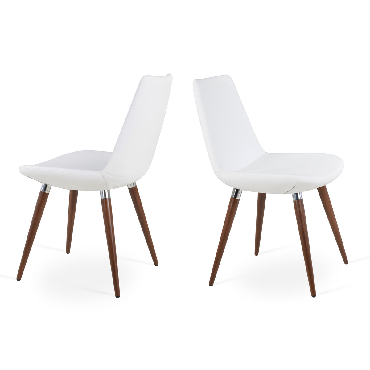 Eiffel Ana Chair by SohoConcept, showing different angles of two ana chairs in white leatherette with walnut veneer steel base/chrome rings.