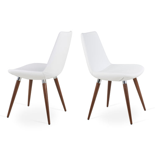 Eiffel Ana Chair-Leather by SohoConcept, showing different angles of two ana chairs in white leatherette with walnut veneer steel base/chrome rings.