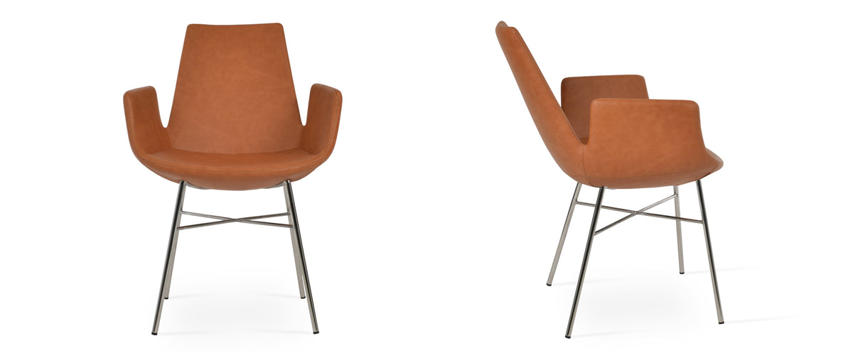 Eiffel Arm Cross Chair by SohoConcept, showing two arm cross chairs in caramel ppm.