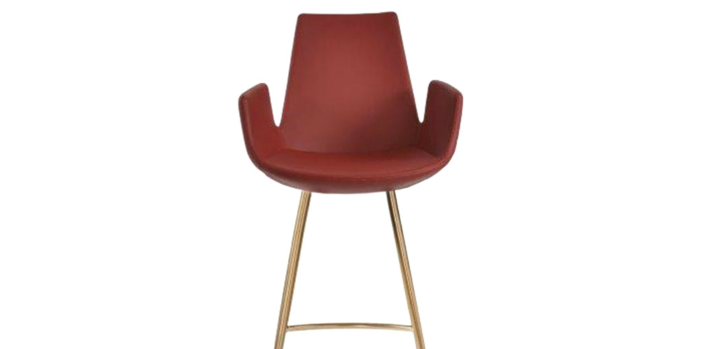 Eiffel Arm Galata Bar Stool by SohoConcept, showing front view of eiffel arm galata bar stool in brass finish steel legs/dark red ppm.