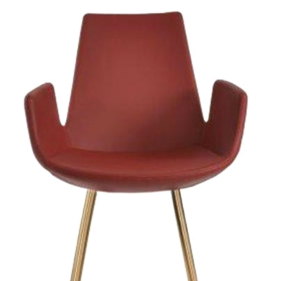 Eiffel Arm Galata Bar Stool by SohoConcept, showing closeup view of eiffel arm galata bar stool in brass finish steel legs/dark red ppm.