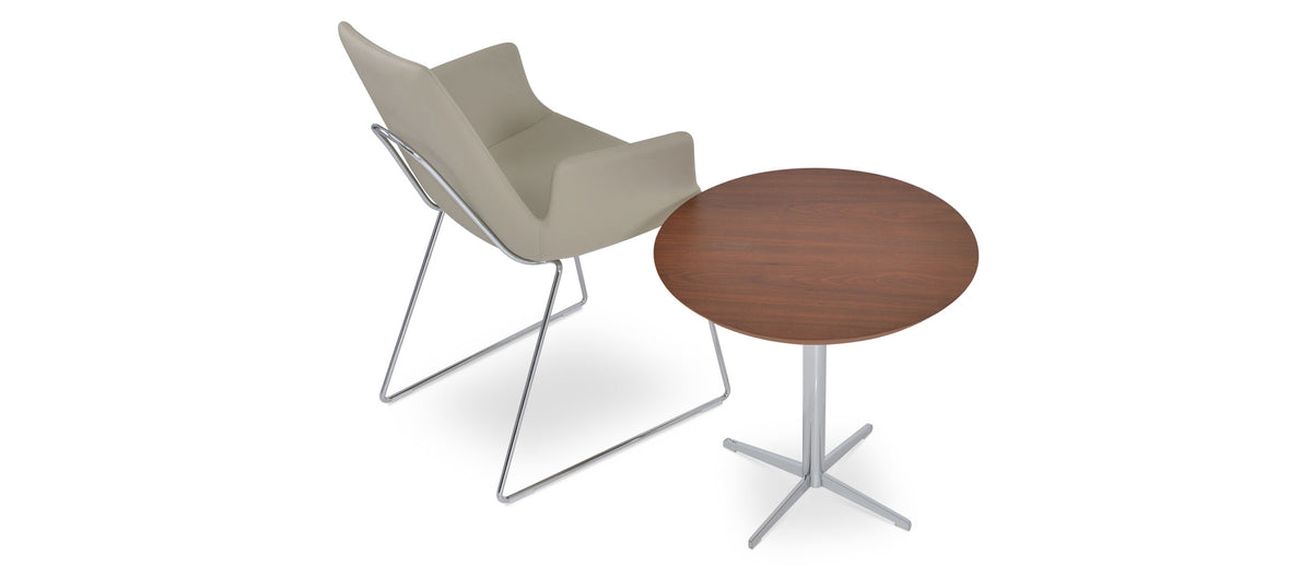 Eiffel Arm Handle Back Chair-Leather by SohoConcept, showing back view of eiffel arm handle back chair in bone ppm with diana walnut end table.