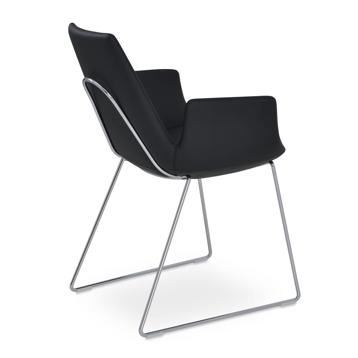 Eiffel Arm Handle Back Chair-Leather by SohoConcept, showing back view of eiffel arm handle back chair in black leatherette with chrome wire base.