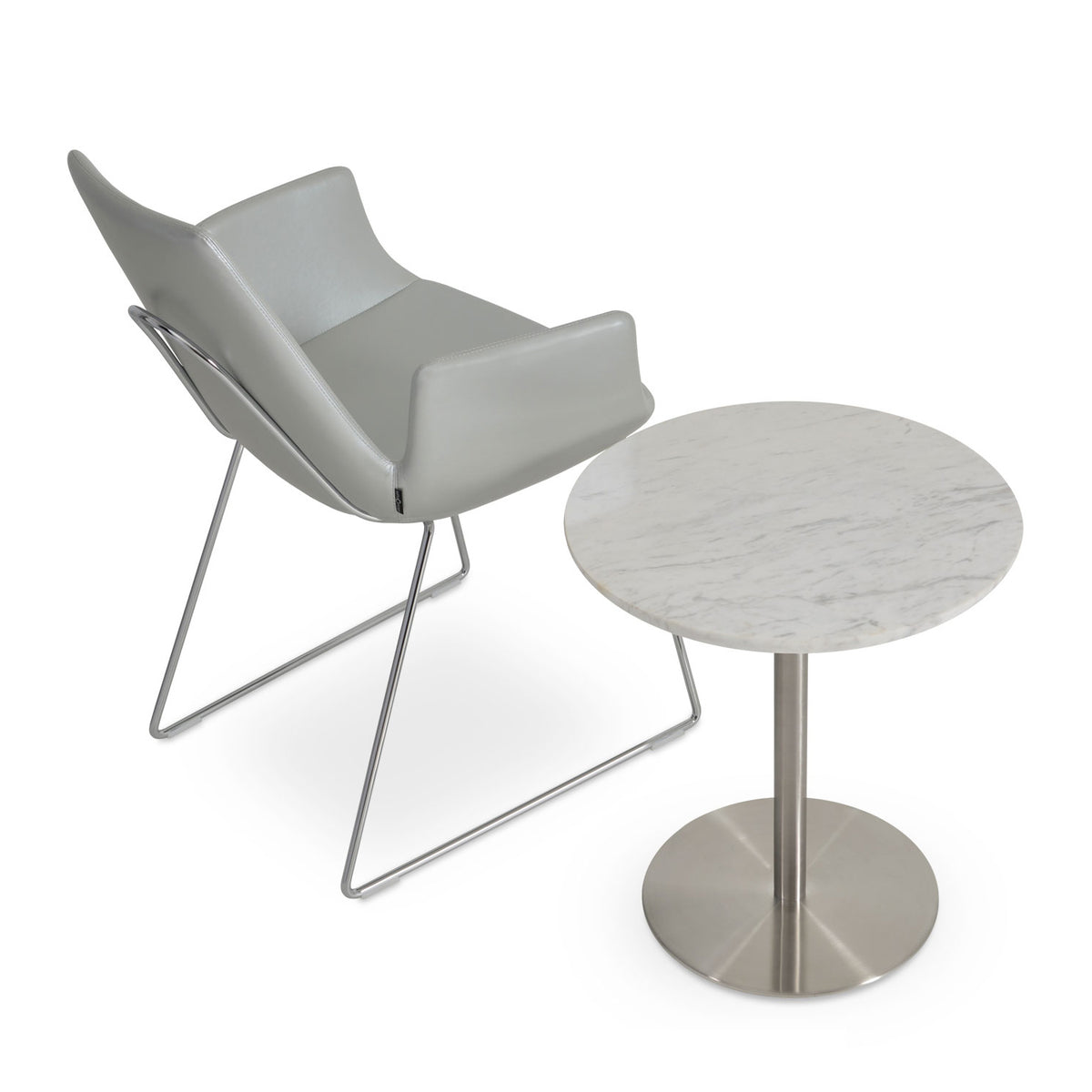 Eiffel Arm Handle Back Chair-Leather by SohoConcept, showing back view of eiffel arm handle back chair in silver ppm and ares marble end table.