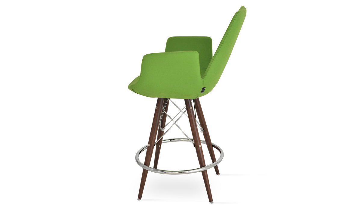 Eiffel Arm MW Bar Stool by SohoConcept, showing side view in camira blazer pistachio wool with walnut veneer steel base.