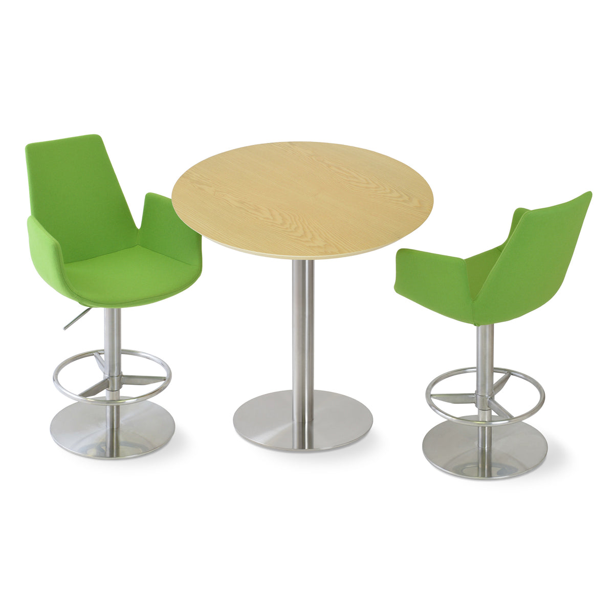 Eiffel Arm Piston Stool by SohoConcept, showing two arm piston stools in camira blazer pistachio wool and tango natural bar table.