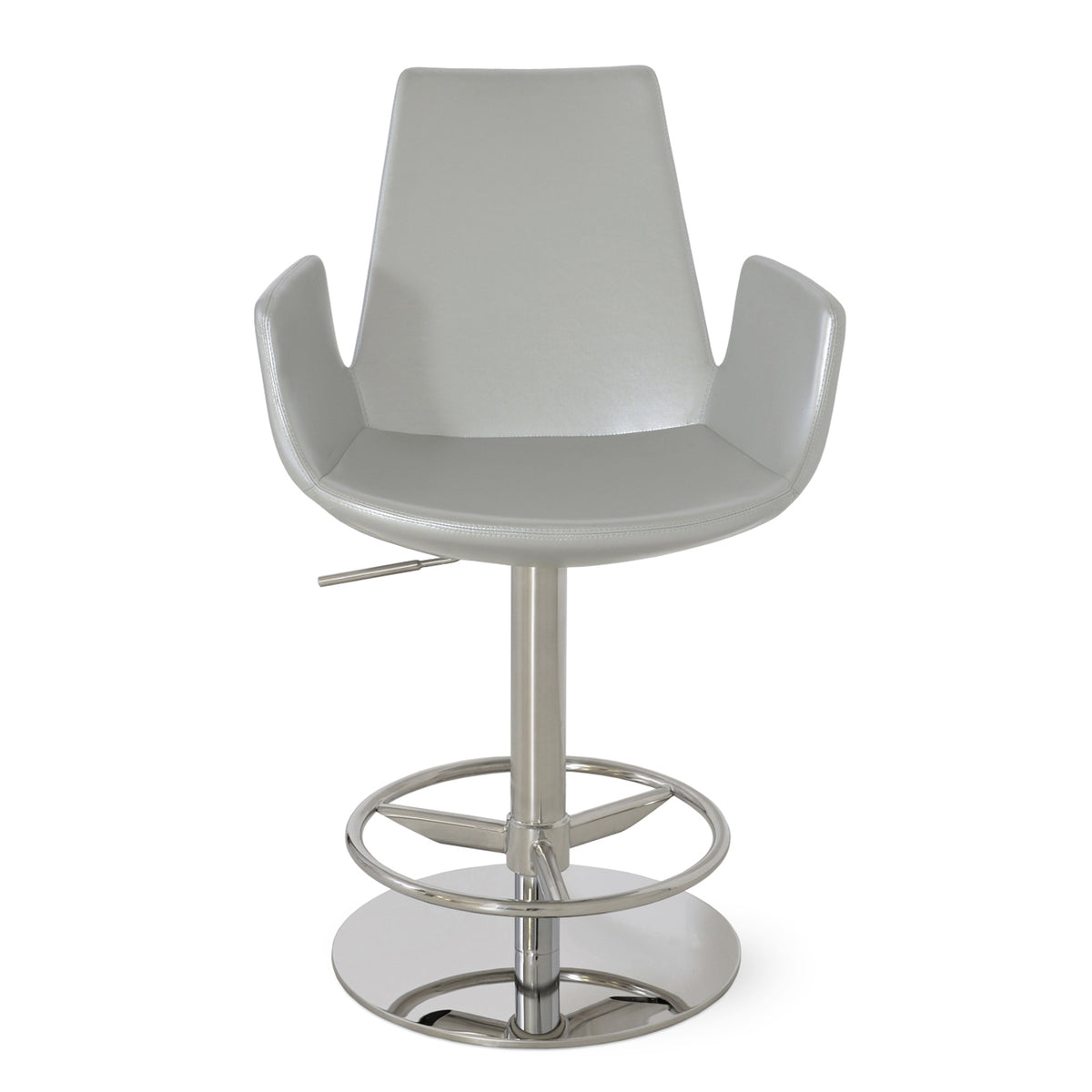 Eiffel Arm Piston Stool by SohoConcept, showing front view in silver ppm with bright polished stainless steel base.