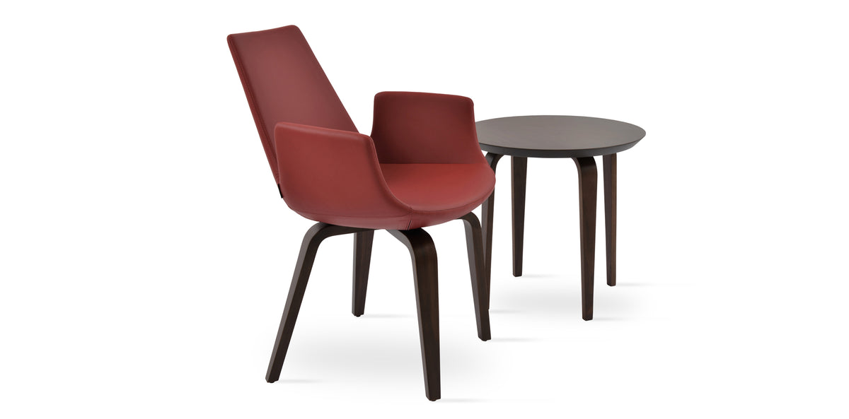 Eiffel Arm Plywood Dining Chair by SohoConcept, showing arm plywood dining chair in dark red ppm and chanelle walnut veneer end table.