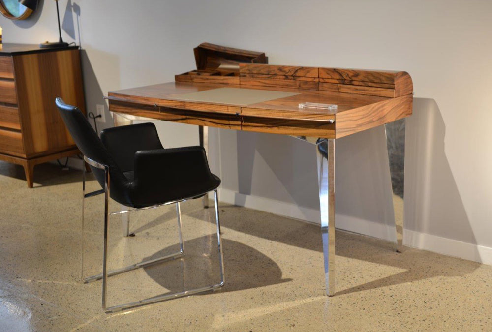 Eiffel Arm Sled Chair by SohoConcept, showing arm sled chair with desk in live shot.