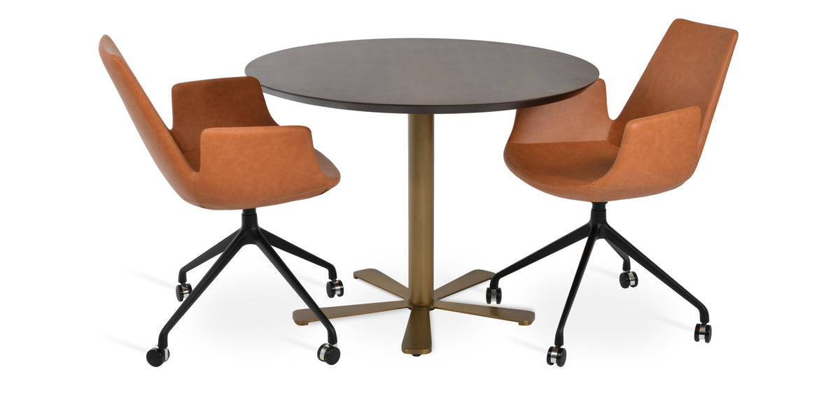 Eiffel Arm Spider Swivel Chair with Casters by SohoConcept, showing two arm spider swivel chairs with casters in caramel ppm and daisy dining table in brass gold base.