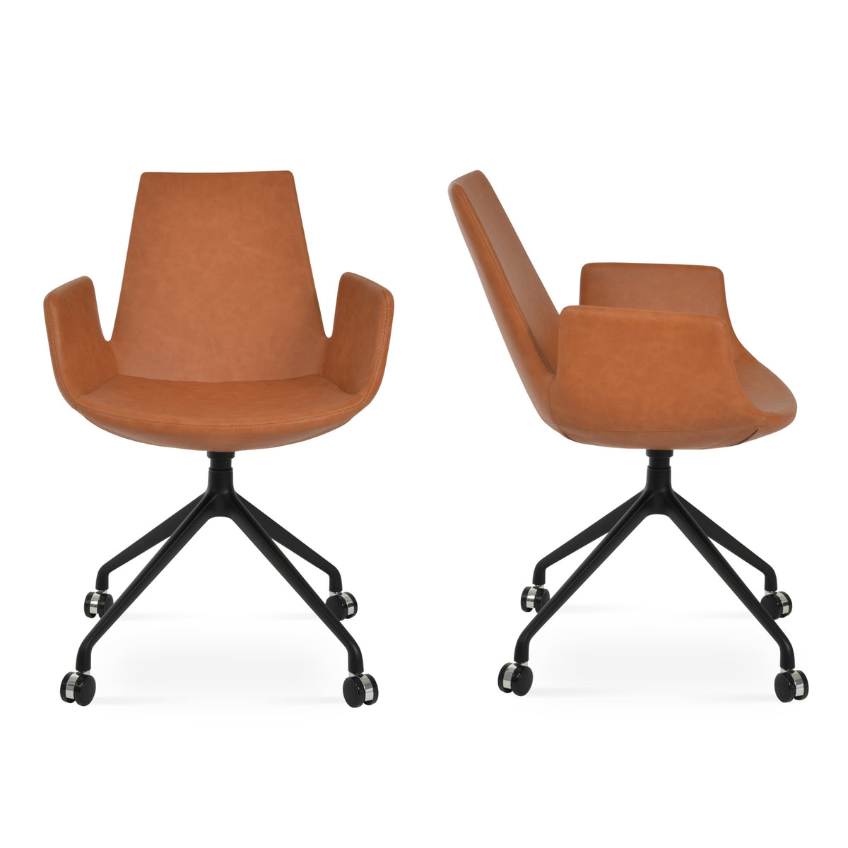 Eiffel Arm Spider Swivel Chair with Casters by SohoConcept, showing two arm spider swivel chairs with casters in caramel ppm with black aluminum base.