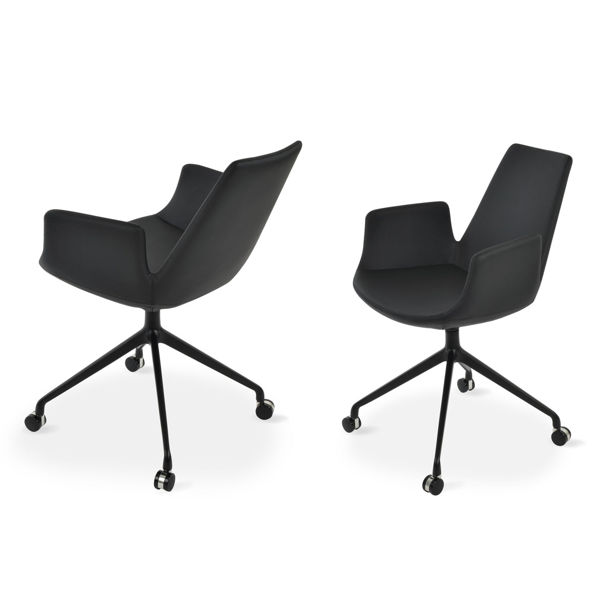 Eiffel Arm Spider Swivel Chair with Casters by SohoConcept, showing two arm spider swivel chairs with casters in black ppm with black aluminum base.