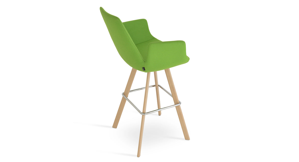 Eiffel Arm Sword Stool by SohoConcept, showing angle view of eiffel arm sword stool in camira blazer pistachio wool with natural veneer steel base.