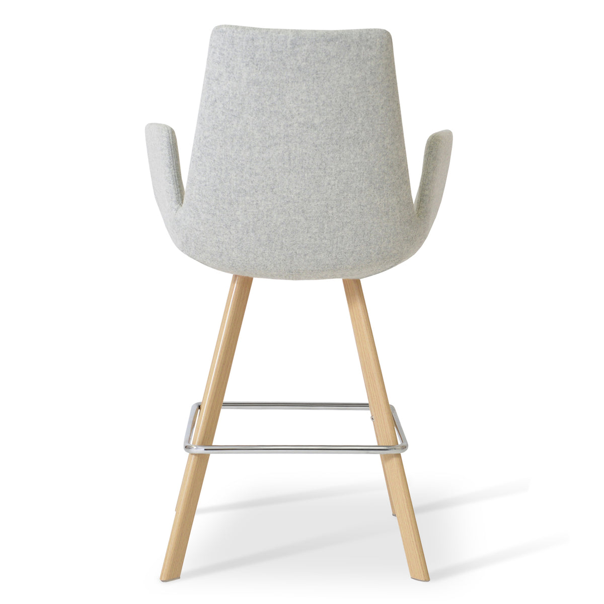 Eiffel Arm Sword Stool by SohoConcept, showing back view in of eiffel arm sword stool camira blazer silver wool with natural veneer steel base.