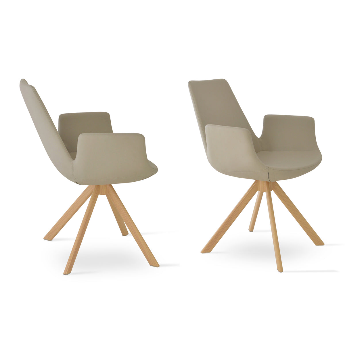 Eiffel Arm Sword Dining Chair by SohoConcept, showing two arm sword dining chairs in bone ppm with natural veneer steel.