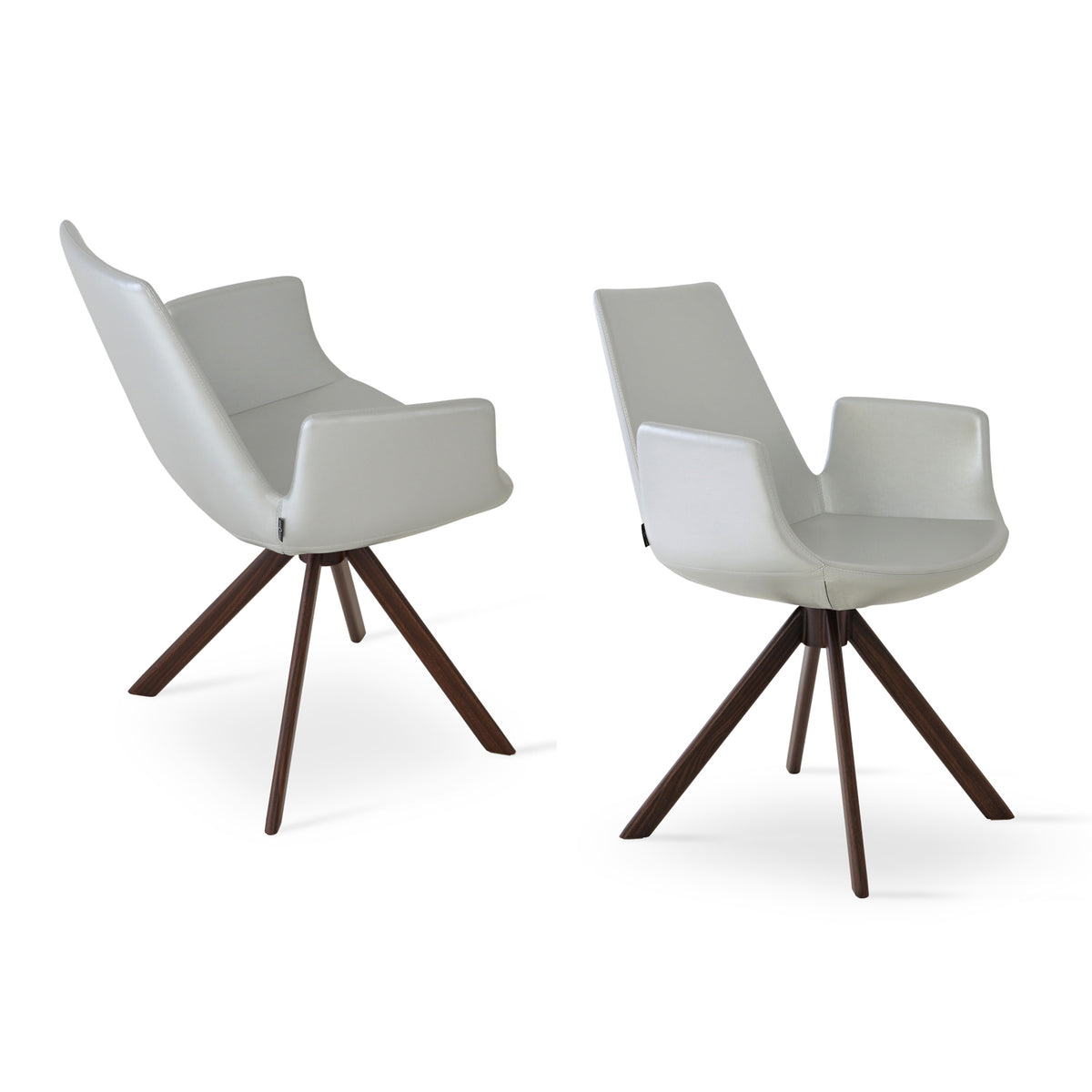 Eiffel Arm Sword Dining Chair by SohoConcept, showing two arm sword dining chairs in silver ppm with walnut veneer steel.