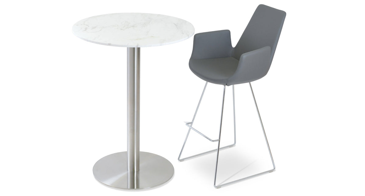 Eiffel Arm Wire Bar Stool by SohoConcept, showing arm wire stool in grey ppm and tango marble bar table.