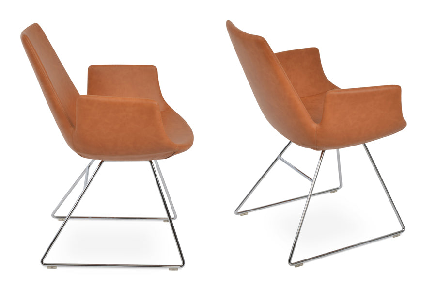 Eiffel Arm Wire Chair by SohoConcept, showing two arm wire chairs in caramel ppm with chrome base.
