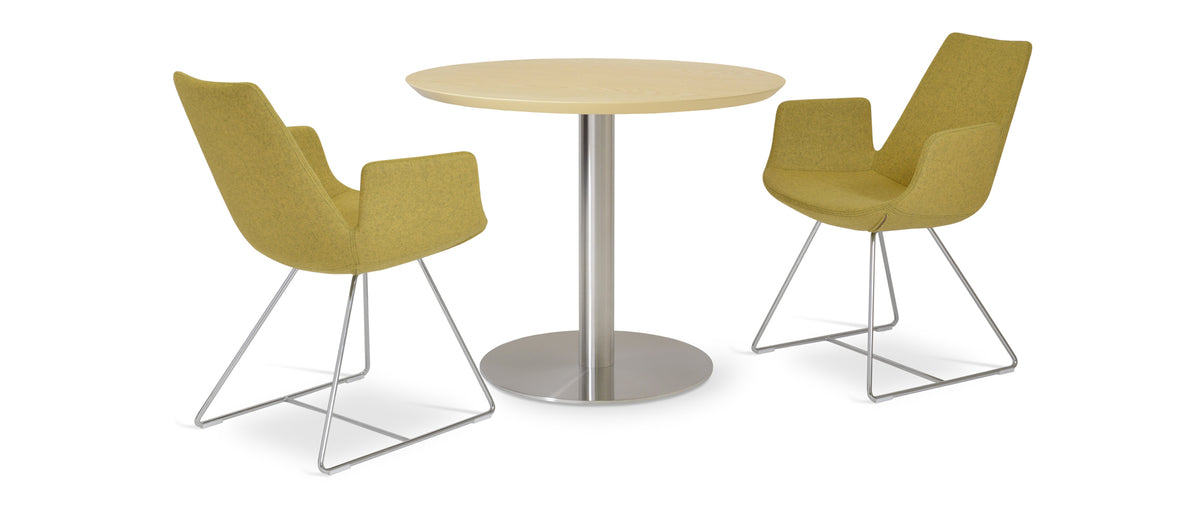 Eiffel Arm Wire Chair by SohoConcept, showing two arm wire chairs in camira blazer amber wool with chrome base and tango dining table in natural ash wood.