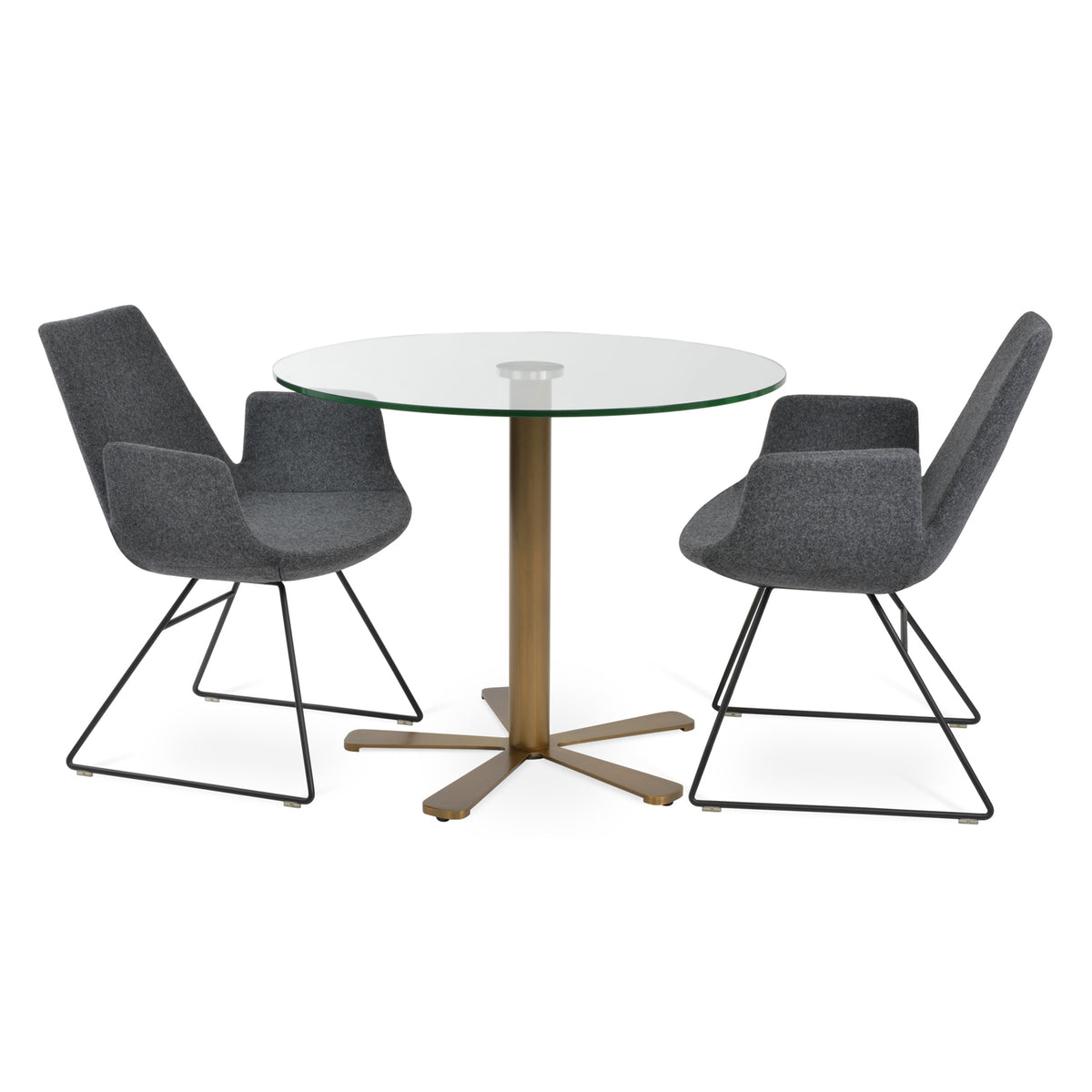 Eiffel Arm Wire Chair by SohoConcept, showing two arm wire chairs in camira blazer dark grey wool with black base and daisy dining table in gold brass base.