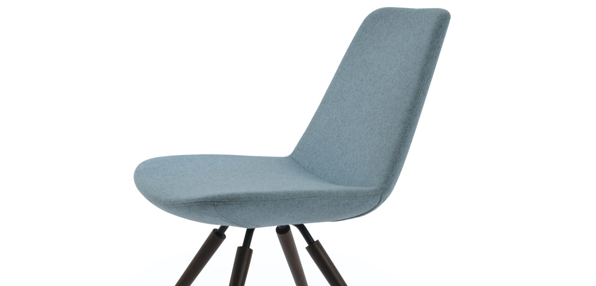 Eiffel Carrot Swivel Chair by SohoConcept, showing closeup view of eiffel carrot swivel chair in steel/walnut veneer steel tube/camira blazer smoke blue wool.