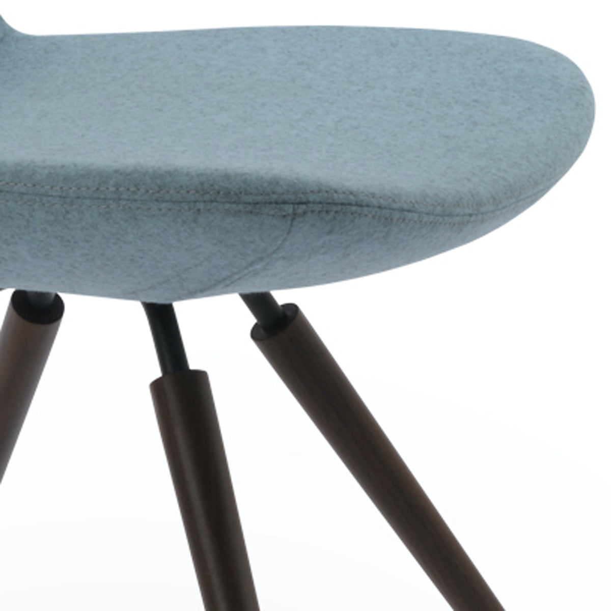 Eiffel Carrot Swivel Chair by SohoConcept, showing closeup view of eiffel carrot swivel chair in steel/walnut veneer steel tube/camira blazer smoke blue wool.