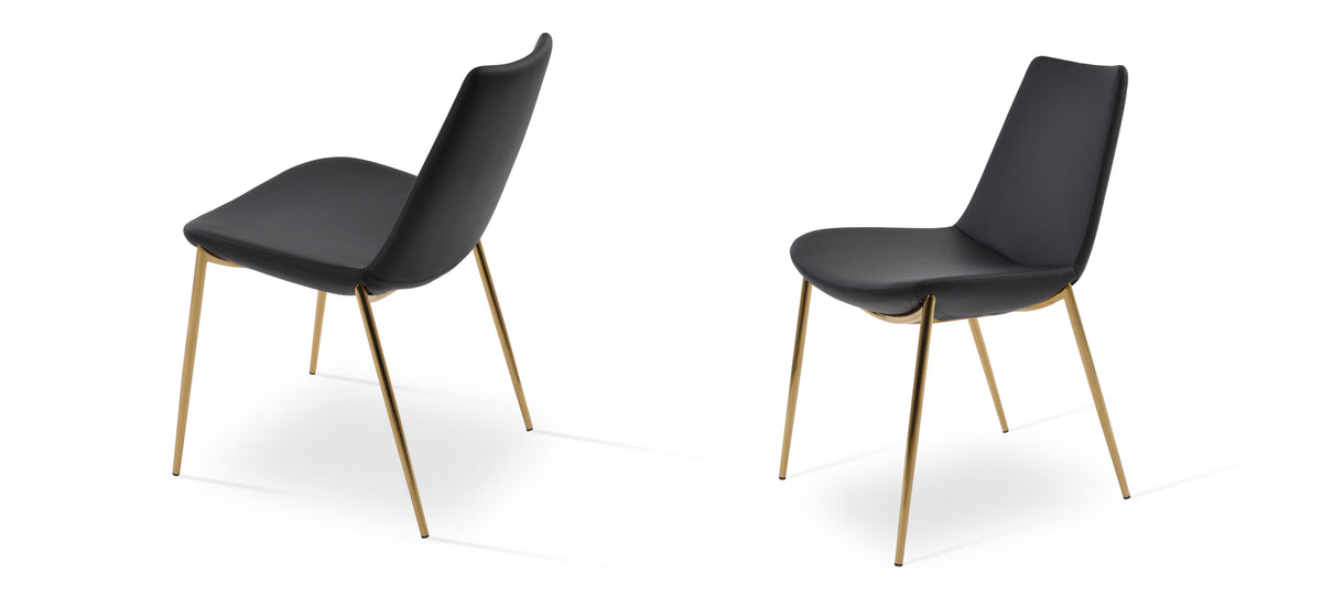 Eiffel Classy Chair by SohoConcept, showing angle view of two classy chairs in black leatherette with gold color base.