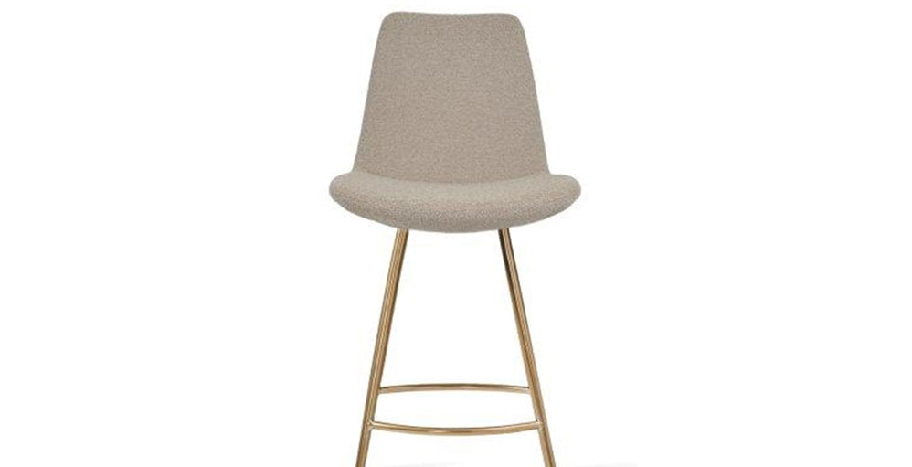 Eiffel Galata Bar Stool by SohoConcept, showing front view of eiffel galata bar stool in brass finish steel legs/beige boucle fabric.