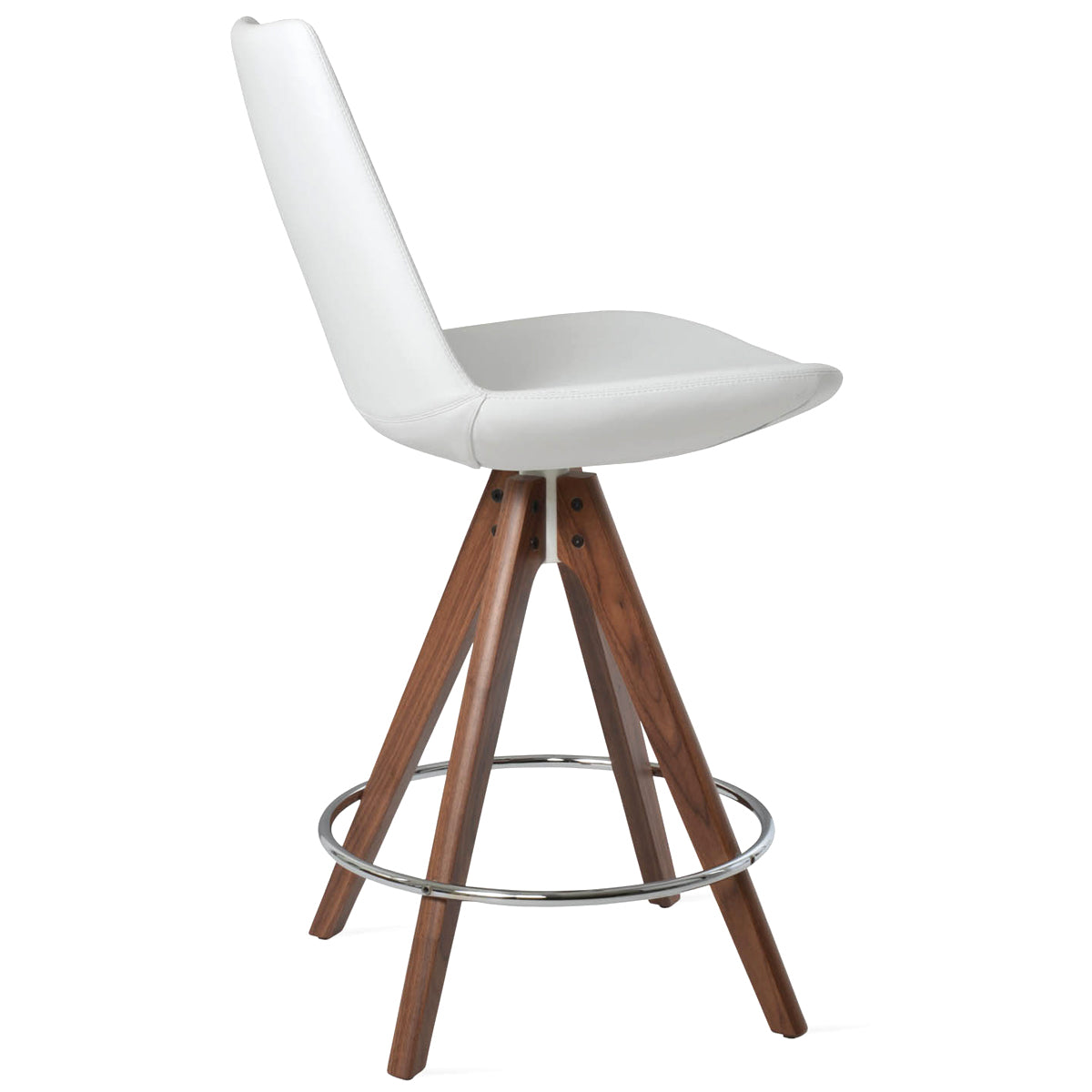 Eiffel Pyramid Swivel Bar Stool by SohoConcept, showing side view of eiffel pyramid swivel bar stool in original american walnut wood/white ppm.