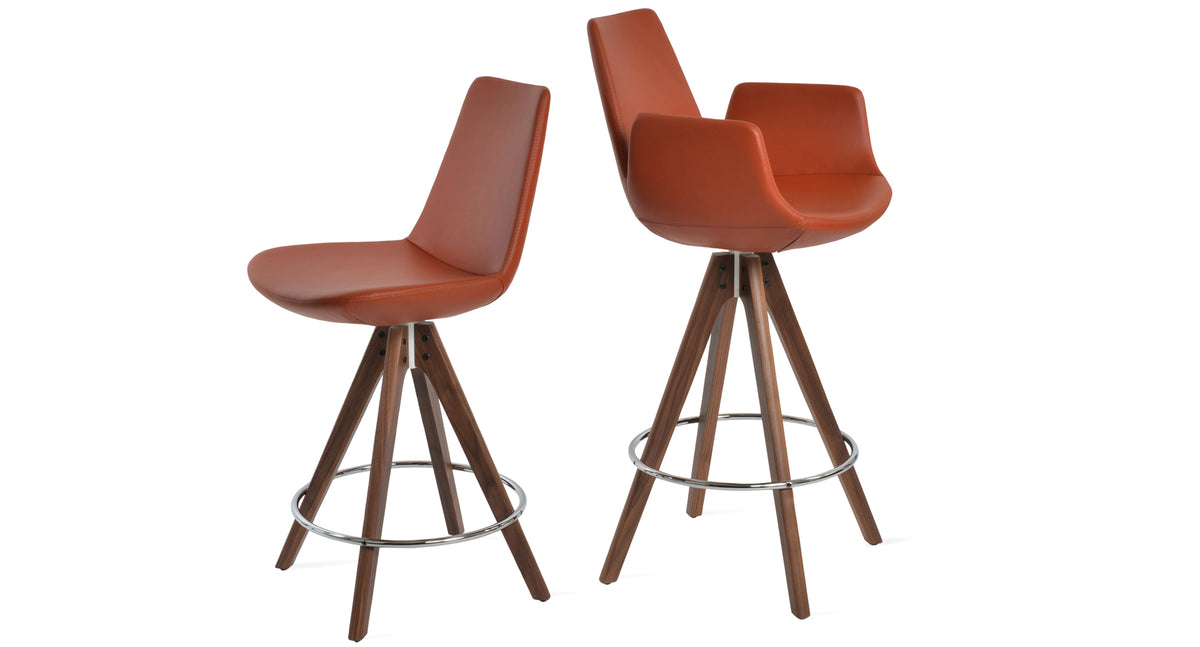Eiffel Pyramid Swivel Counter Stool by SohoConcept, showing angle view of eiffel pyramid swivel counter stool in original american walnut wood/brick ppm-s with arm stool.