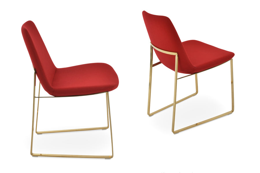Eiffel Sled Chair by SohoConcept, showing angle view of two chairs in camira blazer red wool with gold brass base.
