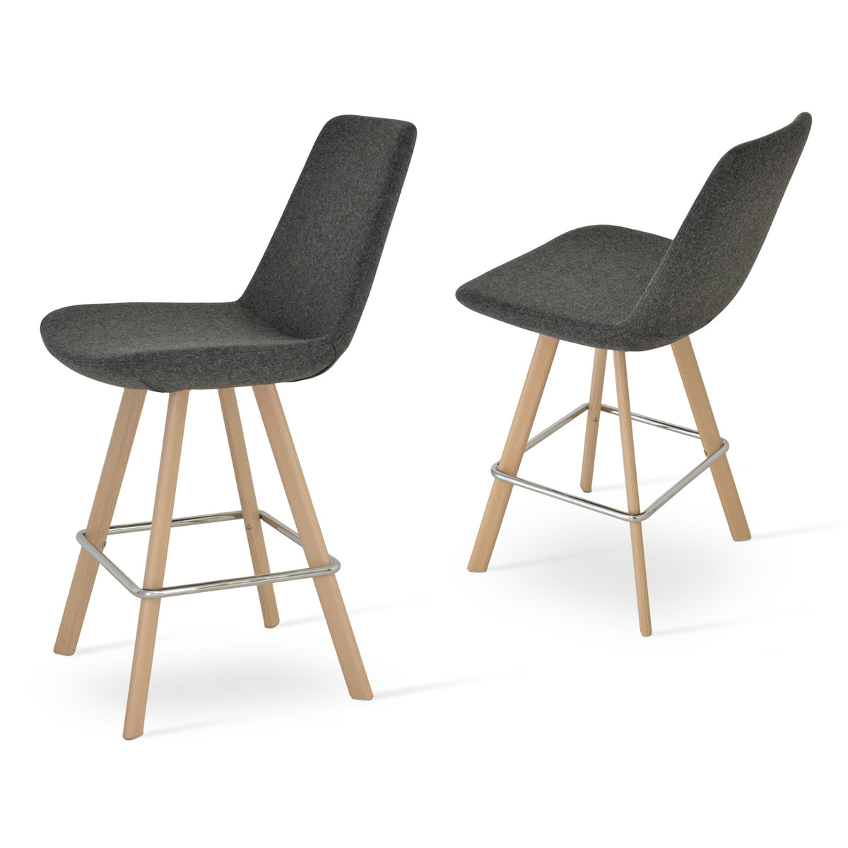 Eiffel Sword Bar Stool by SohoConcept, showing sword bar and counter stools in camira blazer dark grey wool with natural veneer steel base.