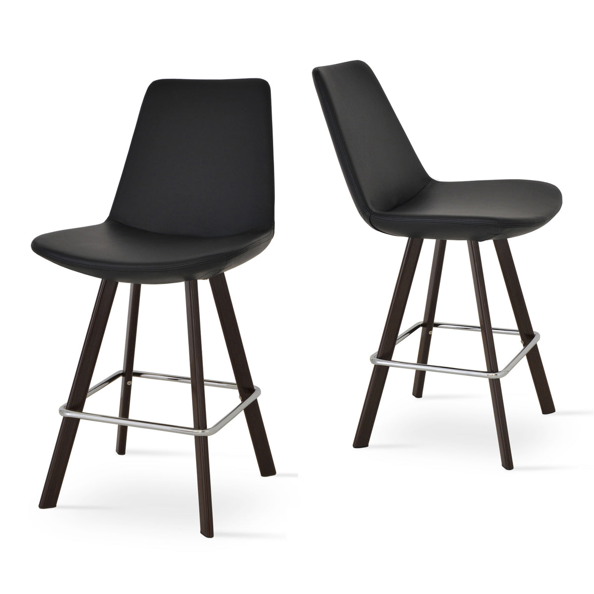 Eiffel Sword Bar Stool by SohoConcept, showing angle view of sword counter / bar stools in black leatherette with walnut veneer steel base.