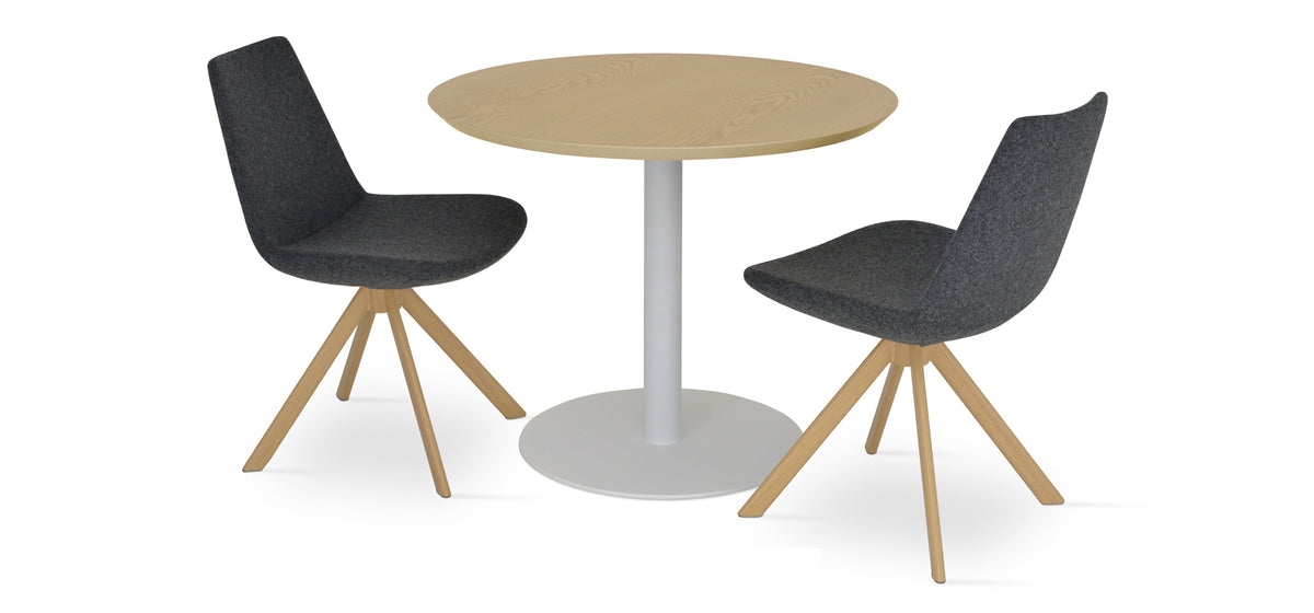Eiffel Sword Swivel Dining Chair by SohoConcept, showing two sword dining chairs in camira blazer dark grey wool with natural veneer steel base and tango dining table with natural ash top.