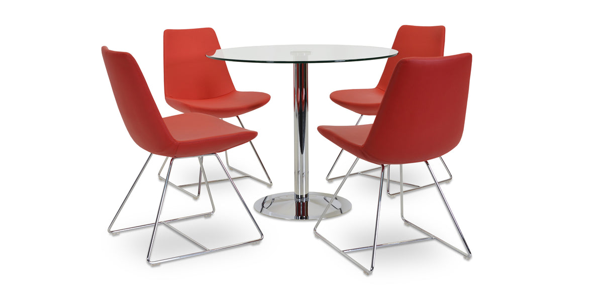Eiffel Wire Dining Chair-Leather by SohoConcept, showing group of chairs in red leatherette with chrome wire base and lady glass round table.